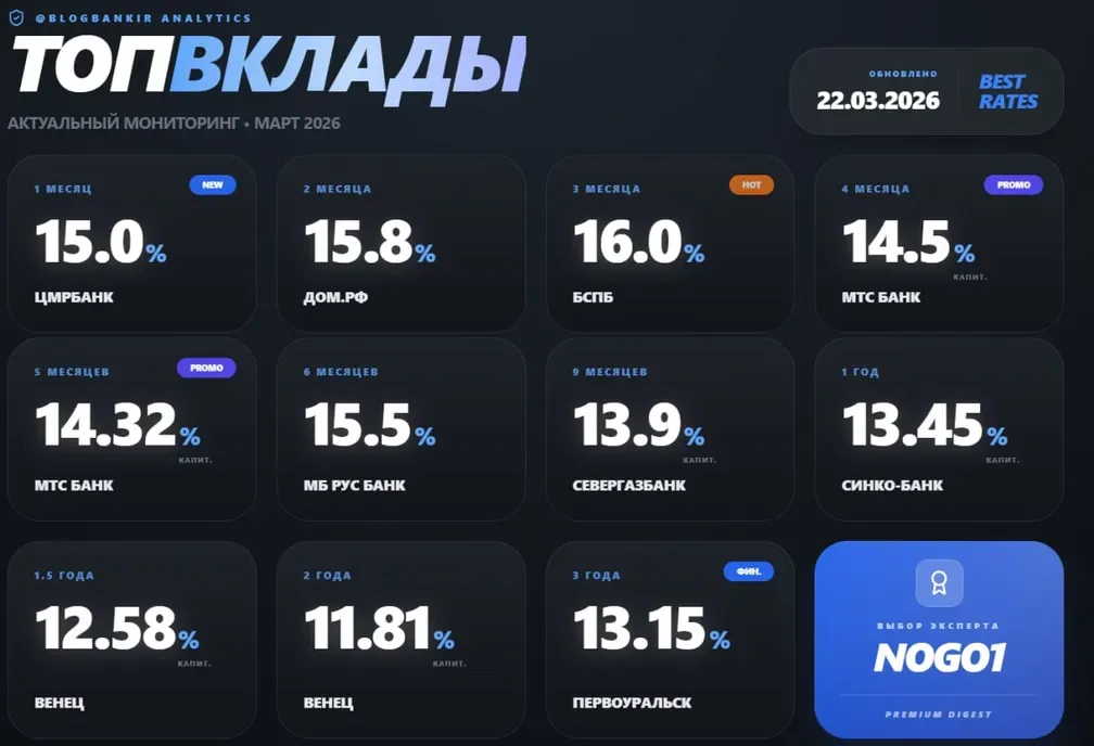 ТОП-вклады: по одному лучшему предложению на каждый срок (22.03.26)