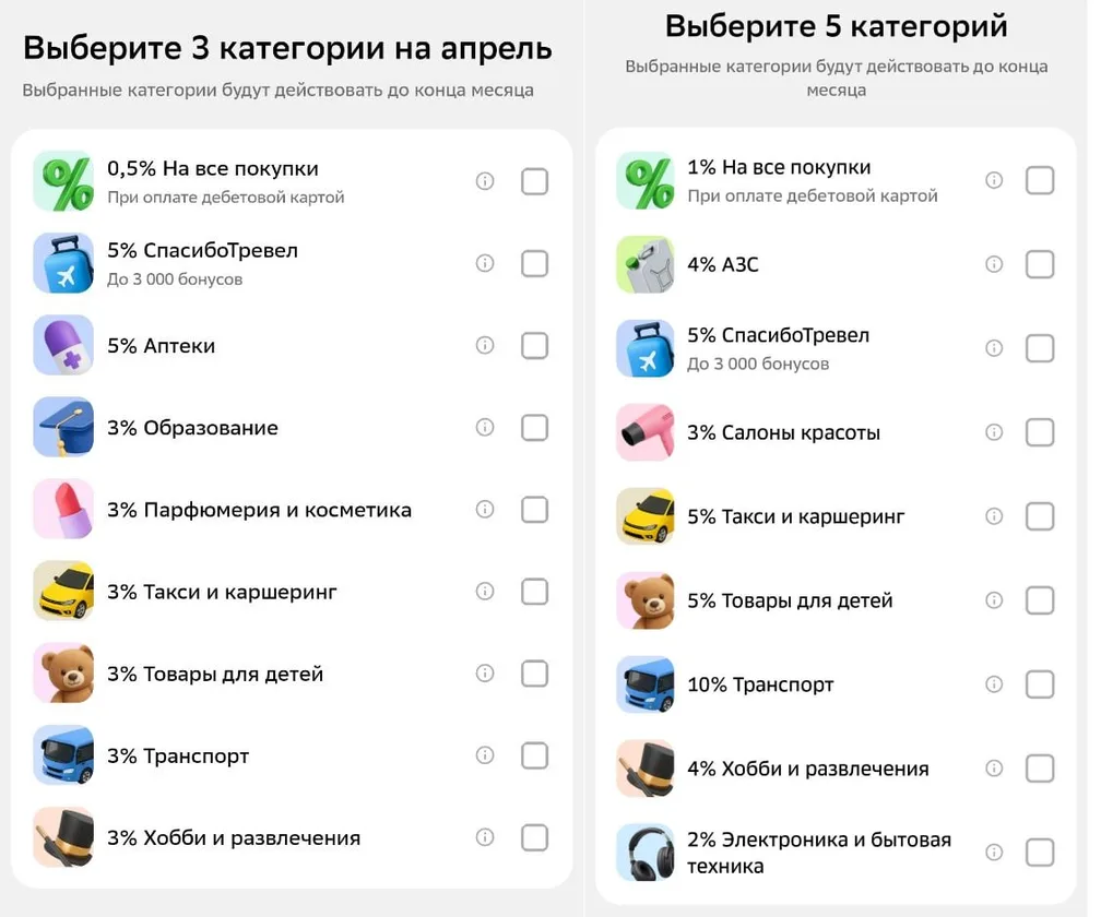 В Сбере можно выбирать категории на апрель