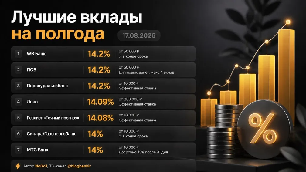 Лучшие вклады на полгода (17.08.2026)