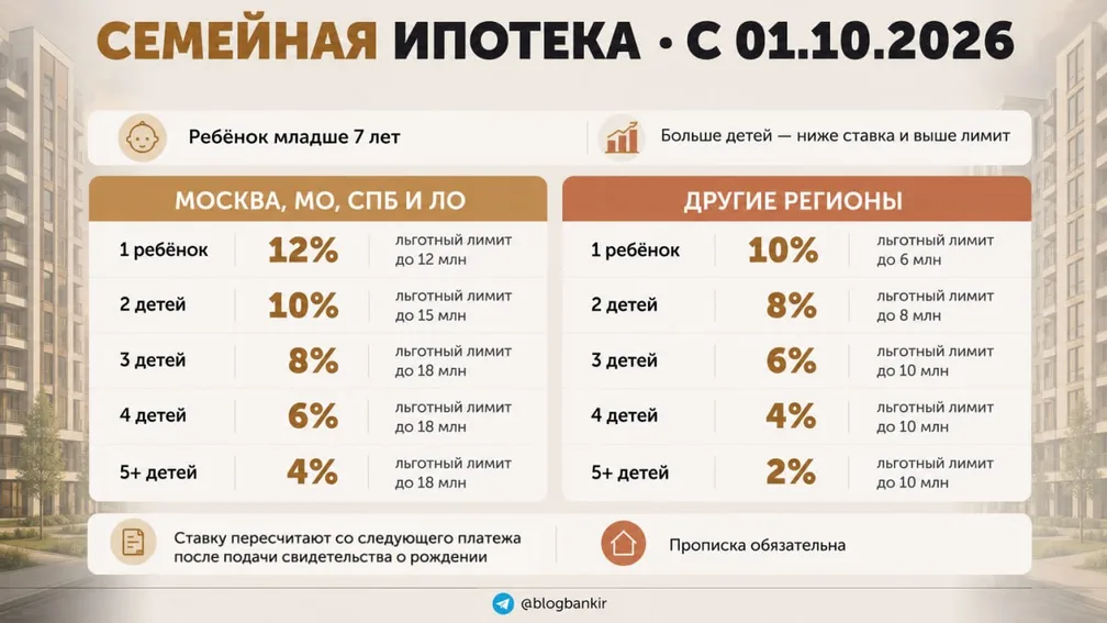 Семейная ипотека с 01.10.26 зависит от региона и числа детей
