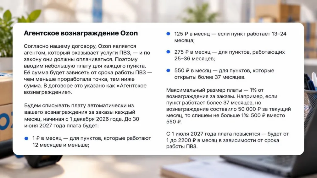 Озон будет брать плату с ПВЗ