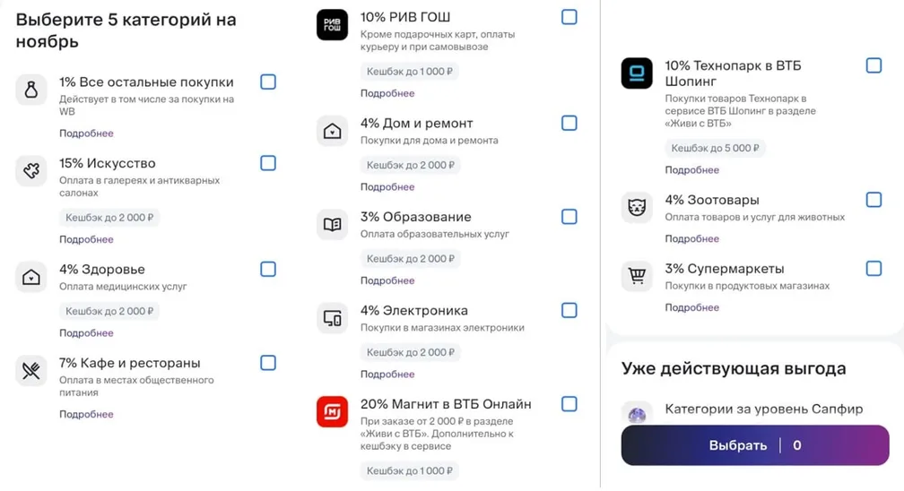 ВТБ выкатил категории на следующий месяц