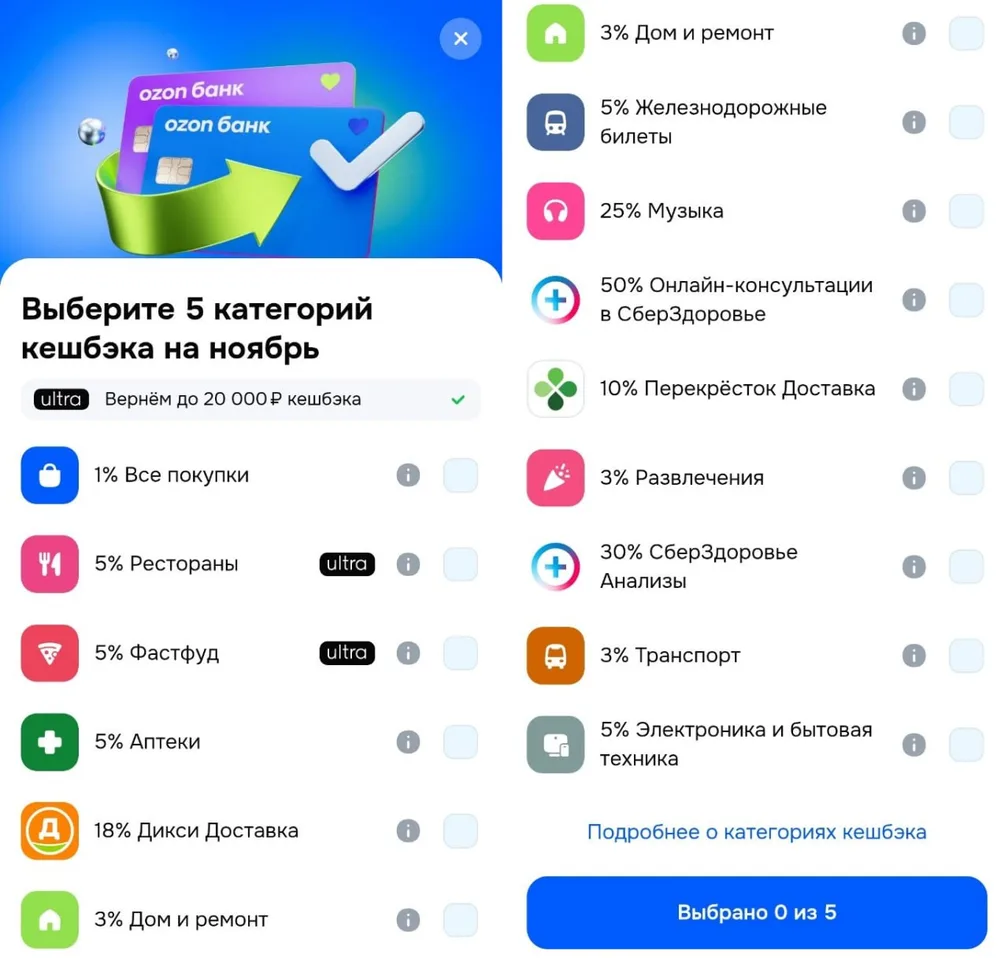 Категории кэшбэка в Озон Банке