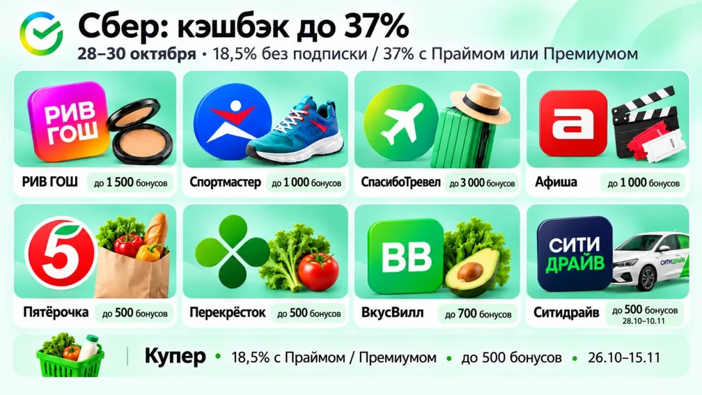 Сбербанк — кэшбэк до 37% с 28 по 30 октября