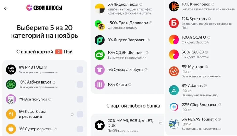 В Яндекс Банке доступны категории на ноябрь